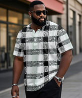 Men's Plus Size Black And White Check Print Henry Collar Button Short Sleeve T-shirt